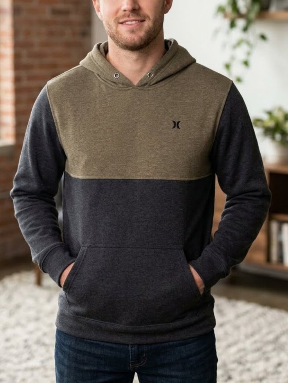 Hurley Men's Hoodie Size M Brown Gray Colorblock Casual Hooded Pullover